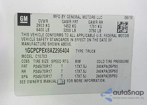 2010 Chevrolet Silverado 1500 Work Truck z USA, uszkodzony, nr VIN 1GCPCPEX8AZ296404